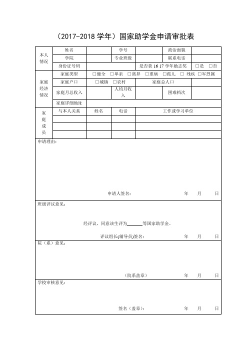 2017-2018学年国家助学金申请审批表