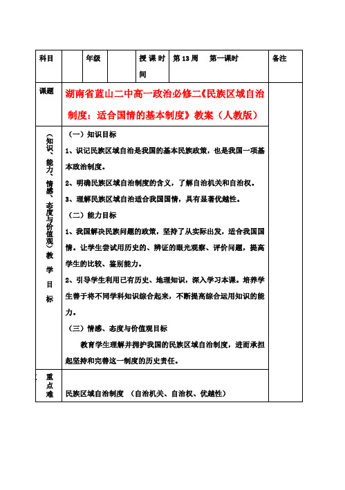 高中政治《民族区域自治制度：适合国情的基本制度》教案 新人教版必修2