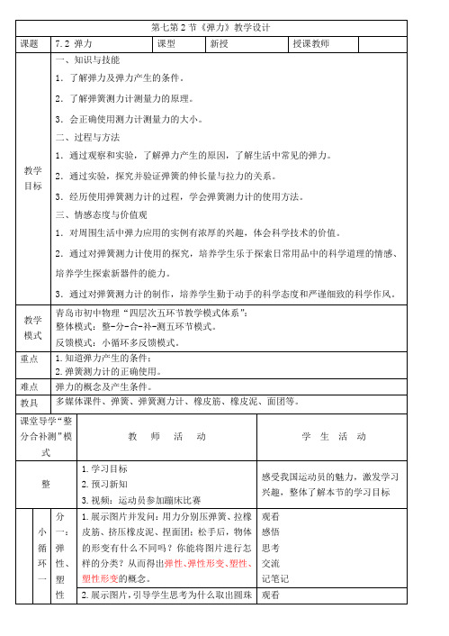 人教版八年级物理下册  7.2  弹力 课程教学设计