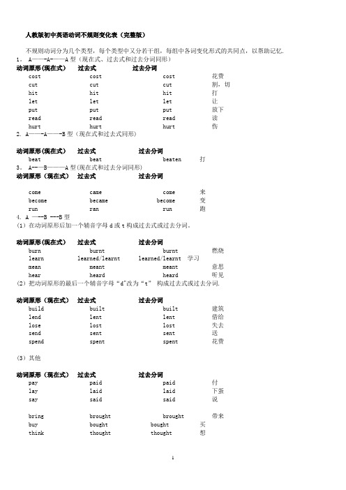 人教版初中英语动词不规则变化表(完整版)