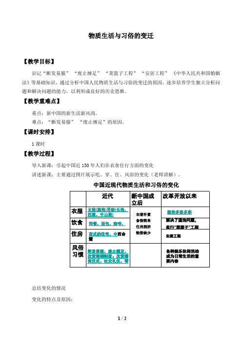 人教版必修2历史：第14课：物质生活和习俗的变迁  教案2