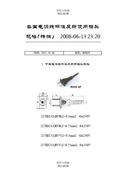 各国电源线标准及所使用插头规格之欧阳与创编