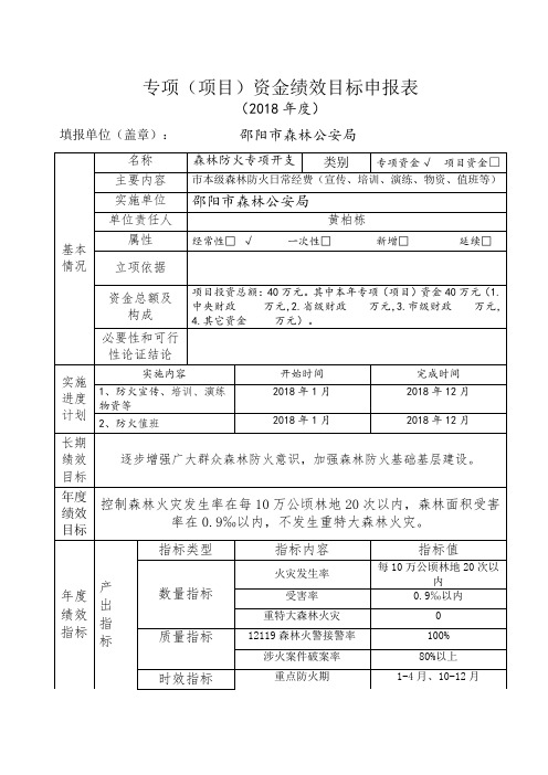 专项(项目)资金绩效目标申报表 (2018年度)