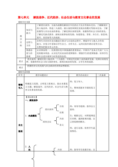 2018八年级历史上册期末复习第七八单元解放战争近代经济社会生活与教育文化事业的发展复习教案新人教版0