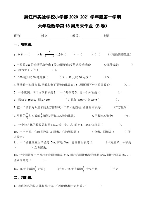 六年级上册数学第18周周末作业-2020-2021学年 广东省廉江市实验学校