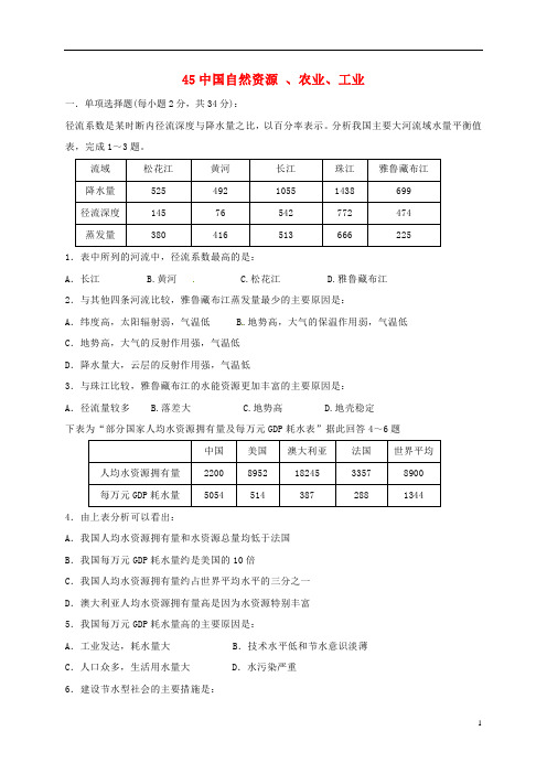 山西省忻州市高中地理 中国地理 中国自然资源、农业、工业考练