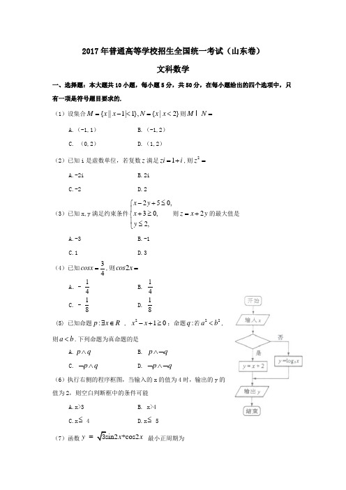 2017年全国高考文科数学试题及答案-山东卷