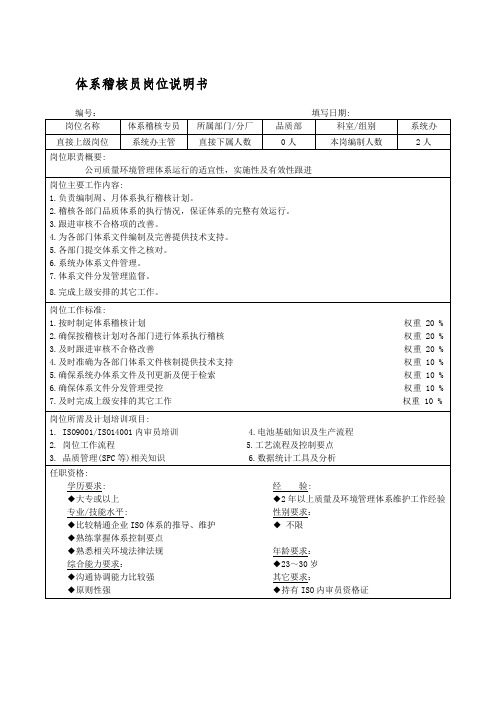 体系稽核员岗位说明书