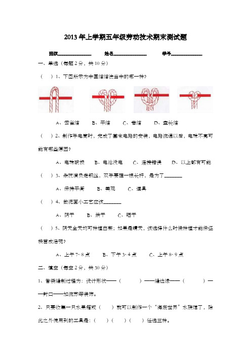 五年级劳技综合试卷