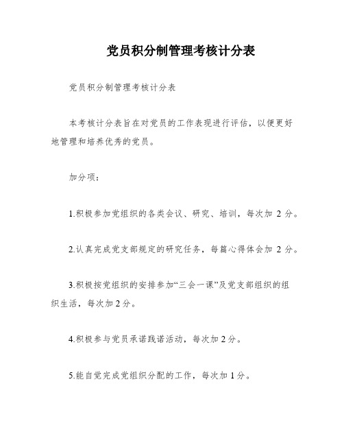 党员积分制管理考核计分表