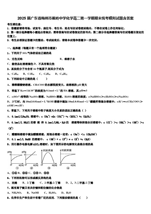 2025届广东省梅州市蕉岭中学化学高二第一学期期末统考模拟试题含答案