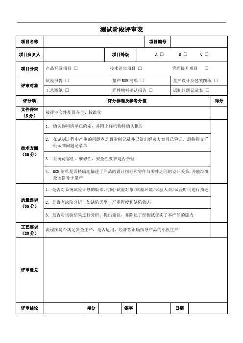 测试阶段评审表