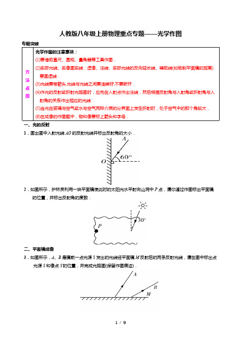 人教版八年级上册物理重点专题——光学作图(专题突破+过关检测+参考答案)