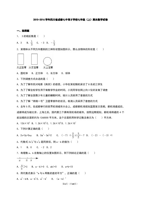 成都七中育才学校2015-2016学年七年级上期末数学试卷含解析