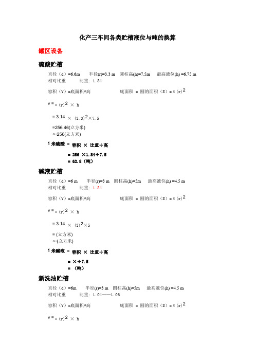 化产三车间各类贮槽液位与吨的换算