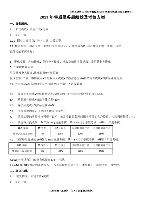 宝马汽车售后服务部绩效及考核方案