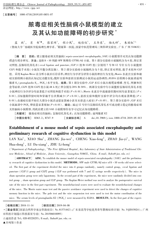 脓毒症相关性脑病小鼠模型的建立及其认知功能障碍的初步研究