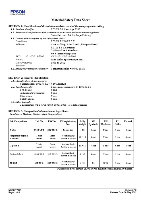 EPSON Ink Cartridge T7021 Material Safety Data She