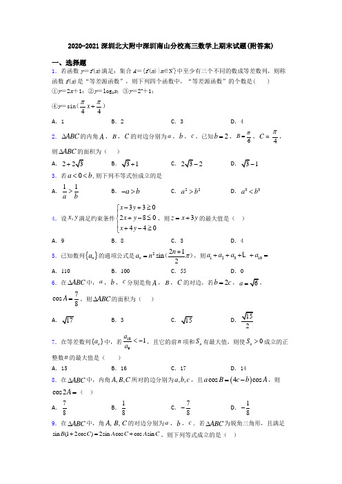 2020-2021深圳北大附中深圳南山分校高三数学上期末试题(附答案)