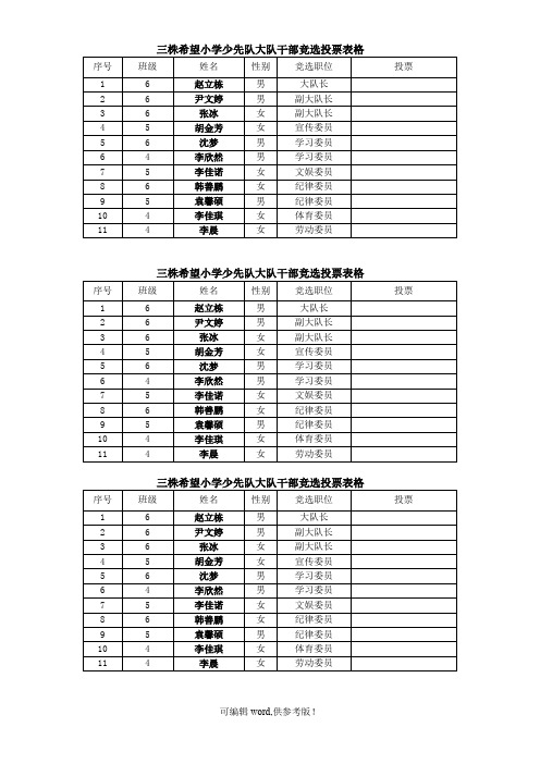 少先队大队干部竞选投票表格