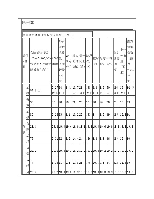 大学生体能测试评分标准