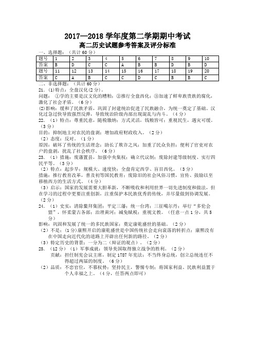 江苏省徐州市2017-2018学年高二下学期期中考试历史试题(PDF版)答案