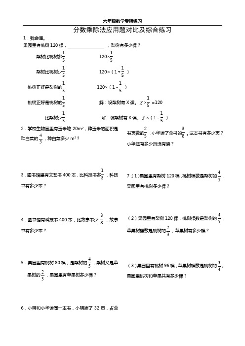 六年级数学专项练习分数乘除法应用题对比及综合练习