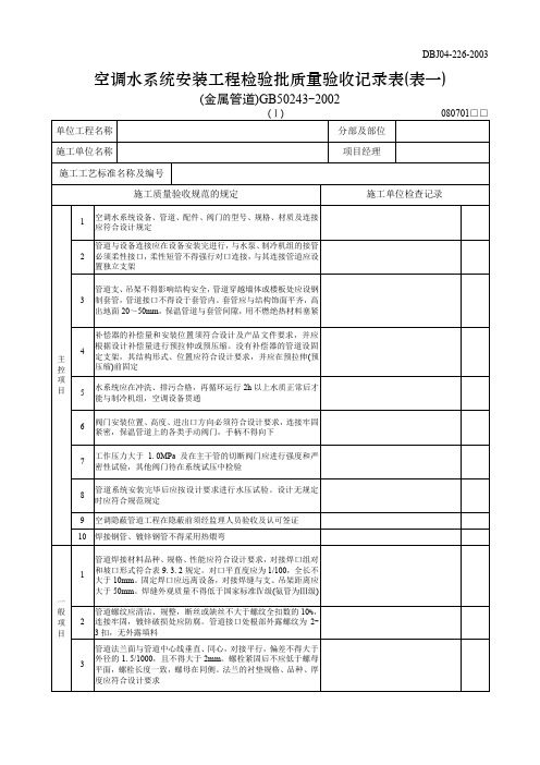 【工程文档】空调水系统安装工程检验批质量验收记录表(表一)