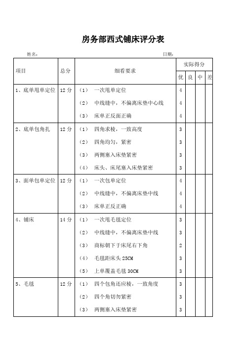 房务部西式铺床评分表格式