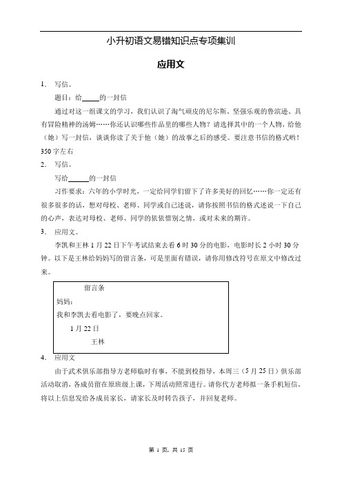 小升初语文易错知识点专项集训A卷-应用文(试题)部编版语文六年级下册