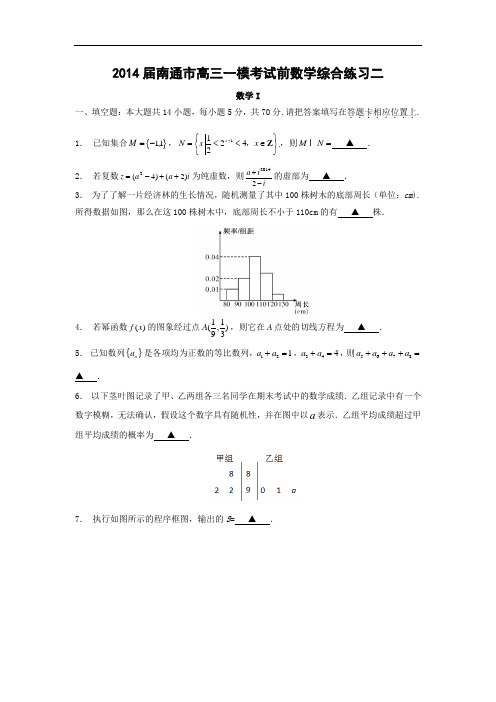 届南通市高三一模考试数学试题及答案前综合练习数学试题及答案二