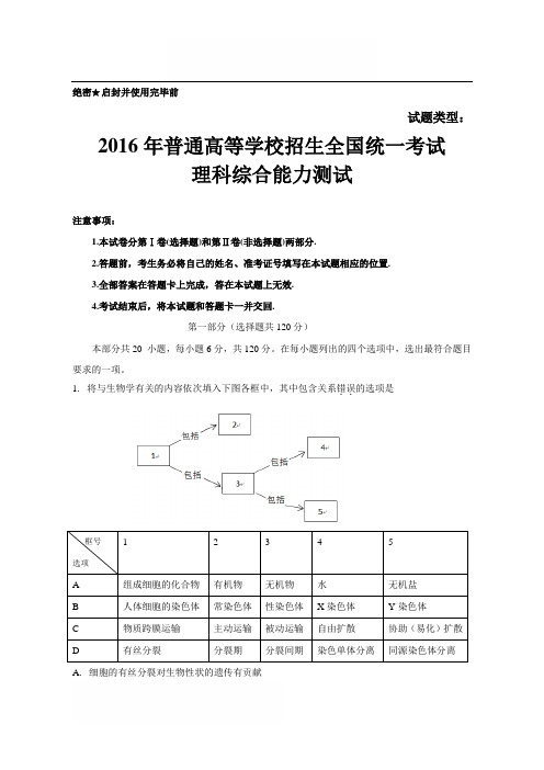 2016年北京理综高考试题(含答案)