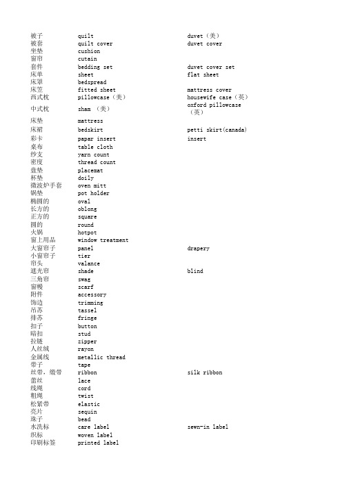 家纺行业英语专业术语