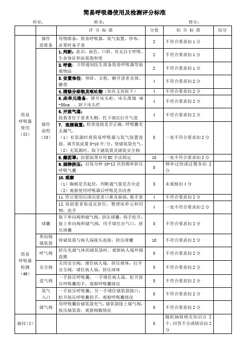 简易呼吸器使用及检测评分表