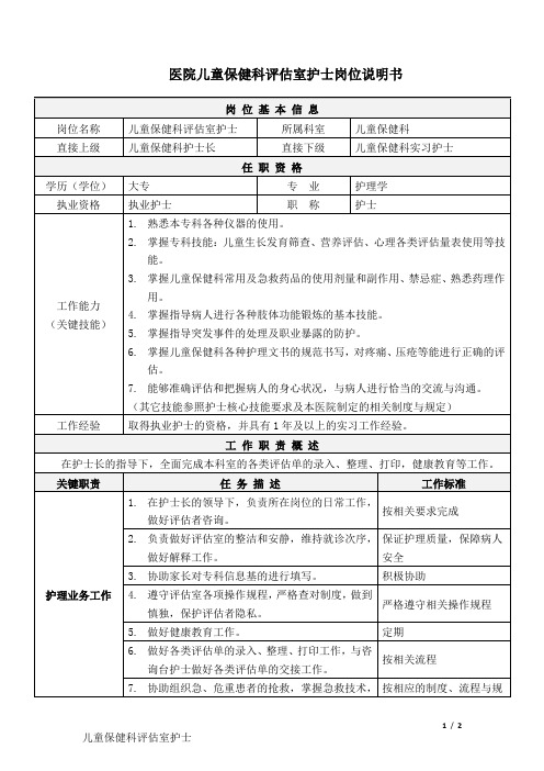 4医院儿童保健科-评估室护士-岗位说明书