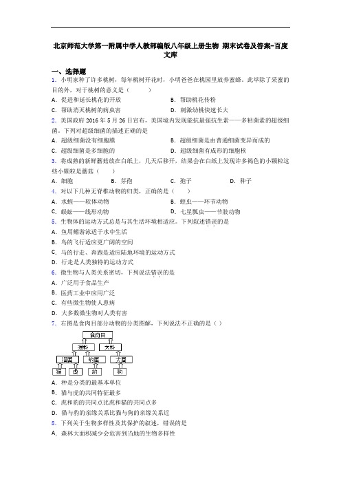 北京师范大学第一附属中学人教部编版八年级上册生物 期末试卷及答案-百度文库