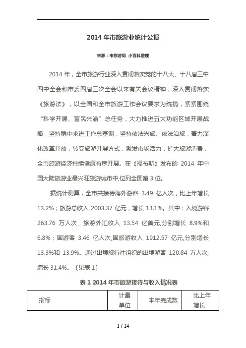 2014年重庆市旅游业统计公报要点说明