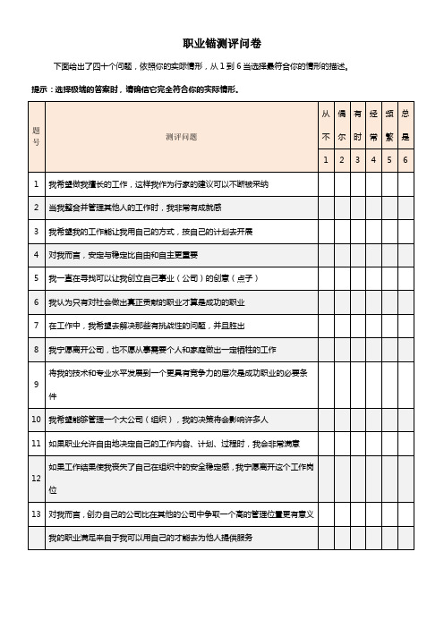 职业锚测评表及解析