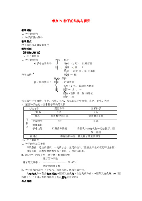 中考生物 考点七 种子的结构与荫发复习教学案