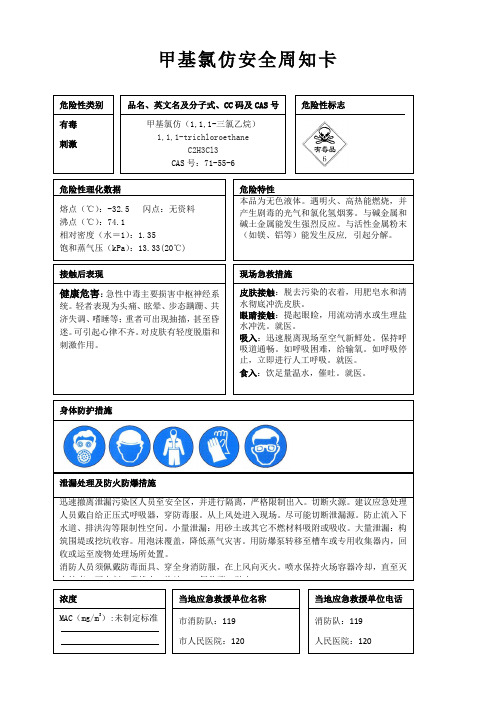 甲基氯仿安全周知卡、职业危害告知卡、理化特性表