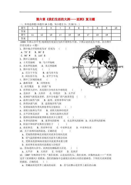 七年级地理下册 第六章 我们生活的大洲——亚洲复习题 (新版)新人教版