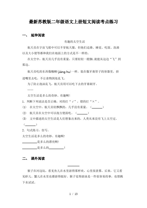 最新苏教版二年级语文上册短文阅读考点练习