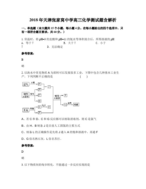 2018年天津张家窝中学高三化学测试题含解析