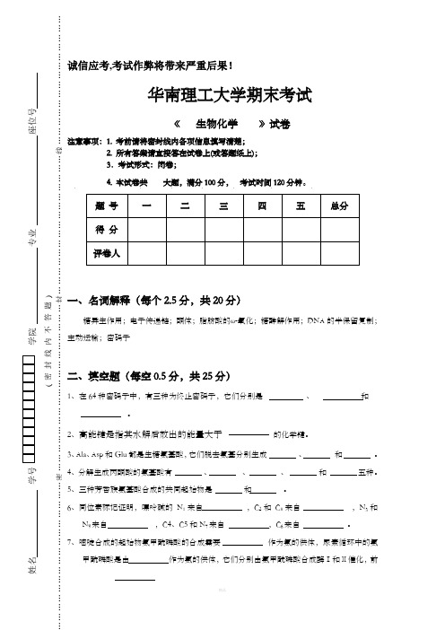 华南理工大学 生物化学期末试卷