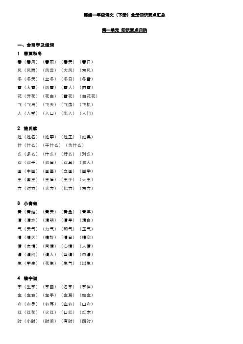 最新人教部编版小学一年级语文下册全册知识要点期中期末复习