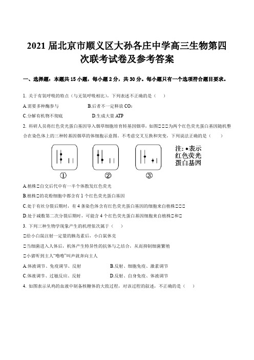 2021届北京市顺义区大孙各庄中学高三生物第四次联考试卷及参考答案