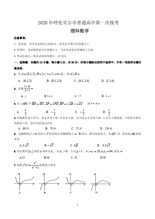 内蒙古呼伦贝尔市海拉尔区2020年高考一模理科数学试题(含答案)