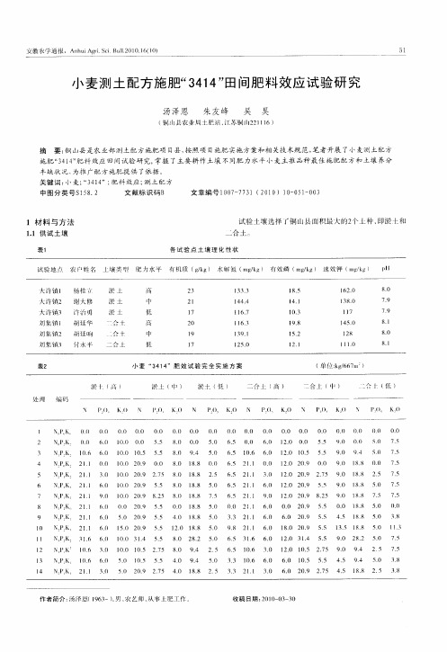 小麦测土配方施肥“3414”田间肥料效应试验研究