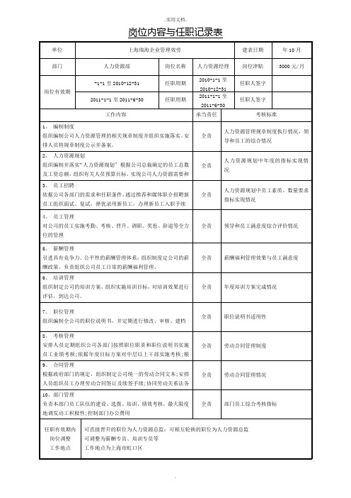 公司员工岗位内容与任职记录表