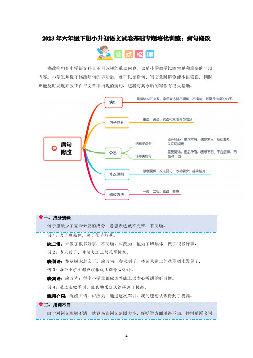 2023年六年级下册小升初语文试卷基础专题培优训练：病句修改【含答案】